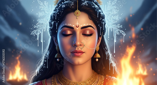 Hindu goddess meditating with the elements of fire and ice