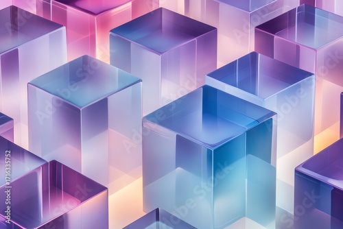 A vibrant array of translucent cubes, exhibiting a spectrum of iridescent hues, creating a visually engaging geometric pattern.