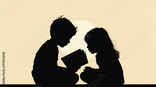 Siblings share a magical moment reading a book together bathed in warm, soft light