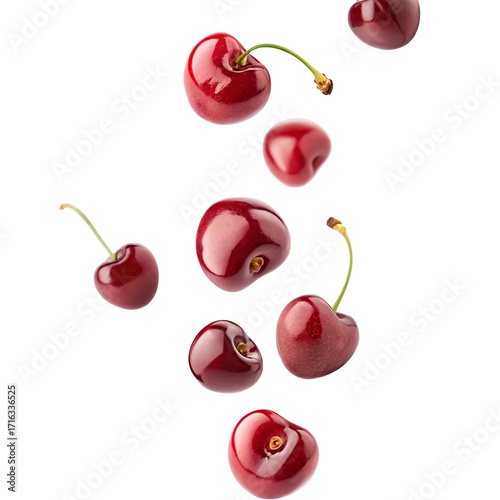 Fresh red cherries with stems isolated on black background falling from above in multiple positions