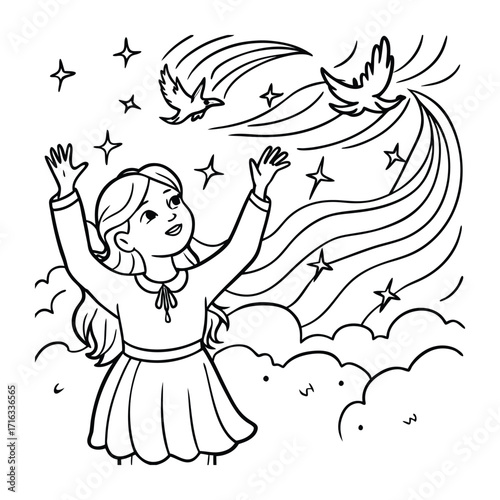 Aurora, kids line art doodle pattern design t shirt silhouette and vector, intricate line art design, relaxing printable, high-quality illustration for stress relief, art therapy activity.