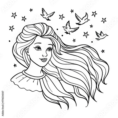 Aurora, kids line art doodle pattern design t shirt silhouette and vector, intricate line art design, relaxing printable, high-quality illustration for stress relief, art therapy activity.