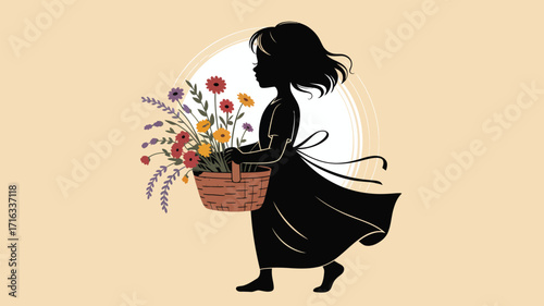 Whimsical silhouette of child carrying basket overflowing with vibrant wildflowers