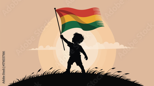 Young child proudly waves a vibrant flag against a warm sunset, symbolizing hope and future