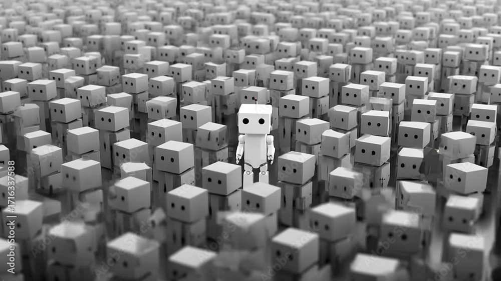 Fototapeta premium A single white robot stands out among many gray robots a sea of uniformity