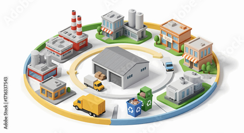 Industrial process flow with manufacturing, distribution, and recycling elements visualized in a circular diagram