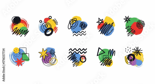 Collection of colorful abstract geometric icons with modern gradients, motion waves, and playful decorative shapes.