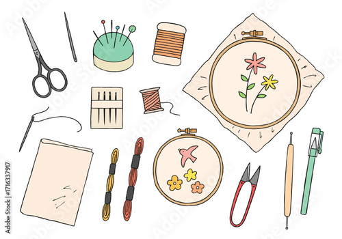 刺繍にまつわる手描きイラストセット