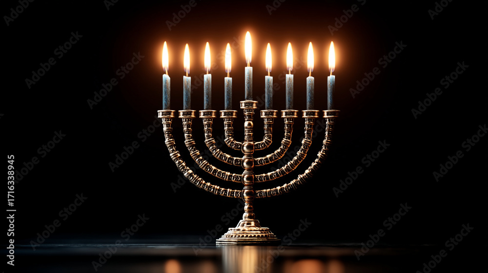 Fototapeta premium Illuminated menorah with burning candles against a dark background casting soft light