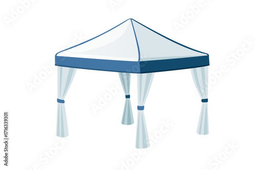Blue event canopy with white curtains and support poles. Outdoor shelter pavilion for festivals and gatherings. Pyramid roof design with fabric drapes. Vector illustration isolated on white background
