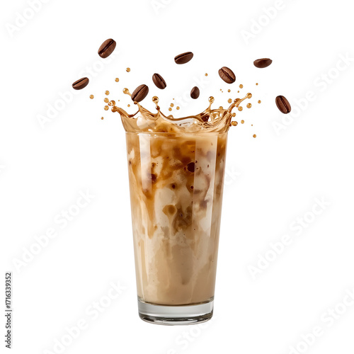 Iced latte surge with floating coffee beans conveying refreshment and energizing moments on an