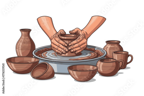 Set of Skilled Hands Working Clay on Potter's Wheel – Cartoon Illustration of Pottery Making Process, Craftsmanship, Ceramic Art and Handmade Clay Shaping