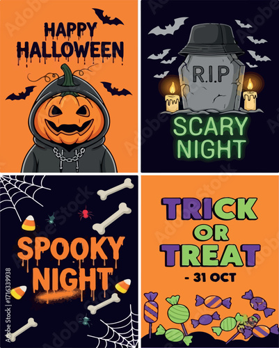Happy Halloween Party Collection Set of Four Cute and Modern Designs