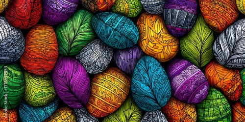 A vibrant collection of decorated eggs, showcasing intricate patterns and a multitude of colors.