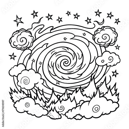 Skyfire, kids line art doodle pattern design t shirt silhouette and vector, intricate line art design, relaxing printable, high-quality illustration for stress relief, art therapy activity.