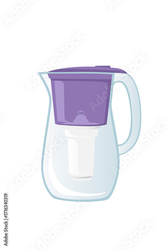 Purple water filter pitcher with transparent reservoir. Kitchen appliance for clean drinking water purification. Household filtration system with handle and cartridge. Vector illustration isolated