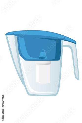 Blue water filter pitcher with transparent reservoir. Kitchen appliance for clean drinking water purification. Household filtration system with handle and cartridge. Vector illustration isolated