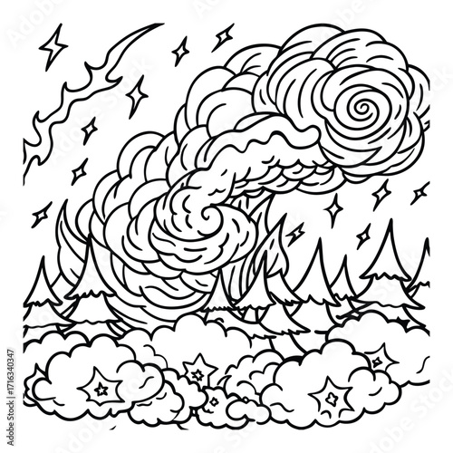 Skyfire, kids line art doodle pattern design t shirt silhouette and vector, intricate line art design, relaxing printable, high-quality illustration for stress relief, art therapy activity.