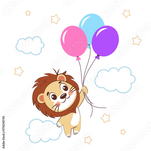 Cute cartoon lion cub flying with balloons in the sky.ai