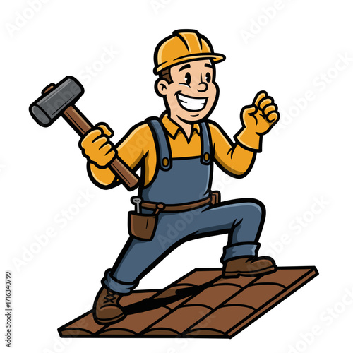 Smiling roofer holding hammer while standing on roof tiles