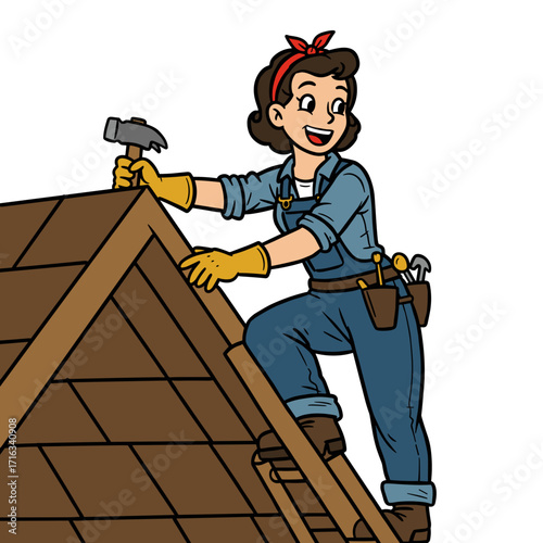 Young woman using hammer while fixing roof on a sunny day