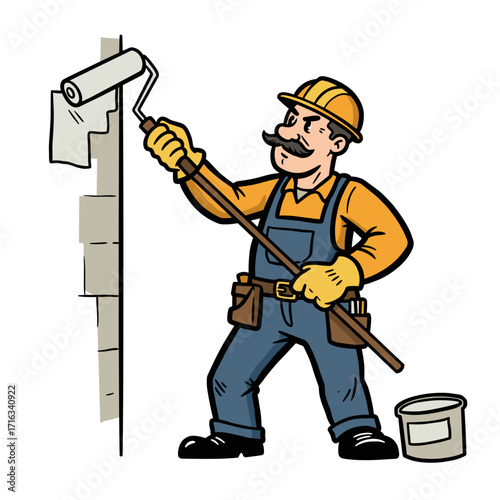 Construction worker painting wall with roller in casual outfit  