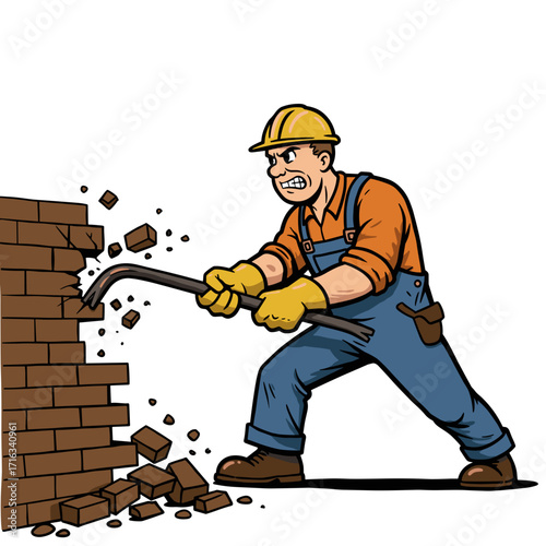 Construction worker using crowbar to break wall in repair concept  