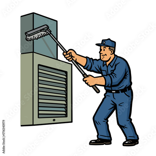 Worker cleaning ventilation grille with brush concept of repair  