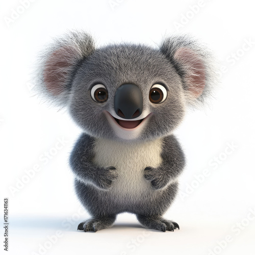 3D funny cartoon koala close-up, isolated on a white background. Fun illustration, creative colorful print, children's toys.