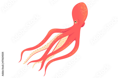 Vertical octopus with streaming tentacles flowing downward. Red cephalopod in graceful descending pose. Marine creature with elegant arm movement. Vector illustration isolated on white