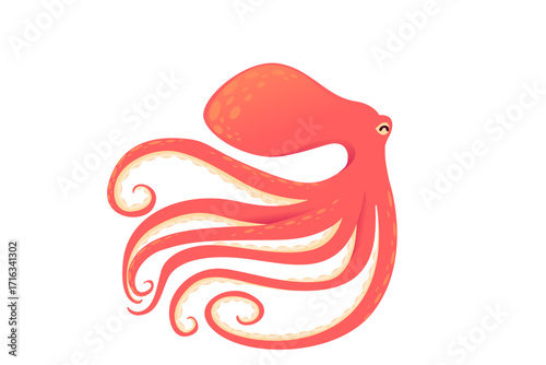 Octopus with curled and spiraled tentacles design. Red cephalopod with decorative swirling arms pattern. Marine creature with artistic tentacle arrangement. Vector illustration isolated on white