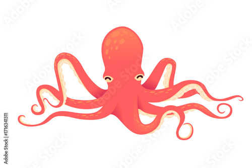 Classic octopus pose with all eight tentacles visible. Red cephalopod with extended arms showing suction cups. Traditional marine creature illustration. Vector illustration isolated on white