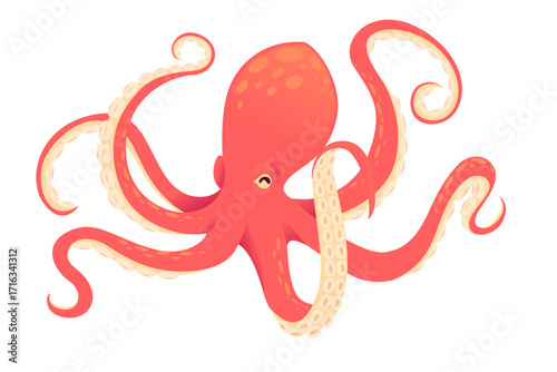 Dynamic octopus with curved tentacles in active motion. Red marine cephalopod with flowing arms arrangement. Energetic underwater creature with suction cups. Vector illustration isolated