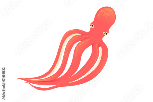 Swimming octopus with elegant flowing tentacles in motion. Red marine cephalopod with graceful underwater movement. Dynamic sea creature with extended arms. Vector illustration isolated