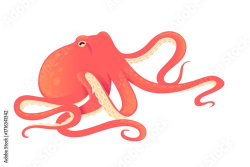 Resting octopus with relaxed tentacles on ocean floor. Red cephalopod in peaceful pose with curved arms. Marine creature in calm underwater position. Vector illustration isolated on white