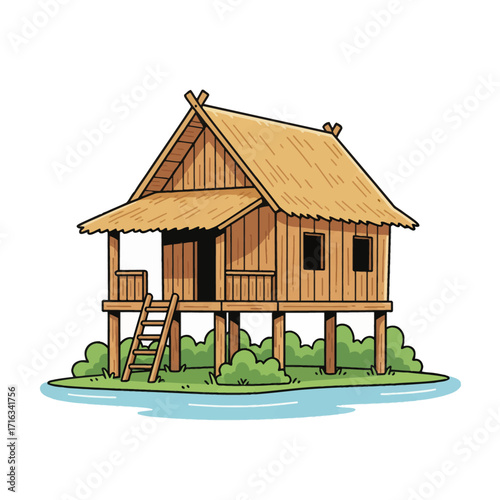 Minimalist Stilt House Art Discover this unique, high-quality vector of a traditional stilt house. Perfect for projects needing a clean, isolated, and scalable design with a modern aesthetic.
