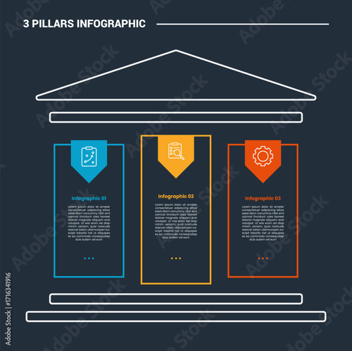 3 pillars infographic process diagram with line vertical rectangle with arrow bookmark badge with dark background bright outline style 3 points