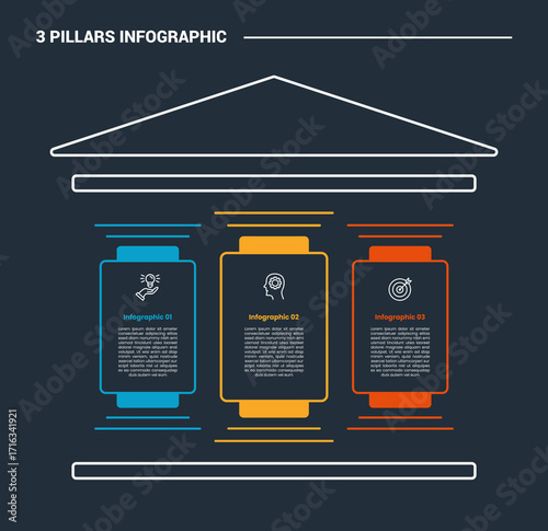 3 pillars infographic process diagram with simple structure with round spotlight container box with dark background bright outline style 3 points