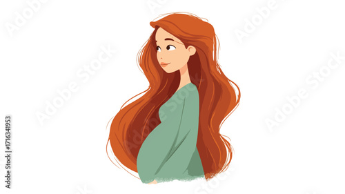 Stylish Cartoon of Pregnant Woman with Long Hair Vector Illustration
