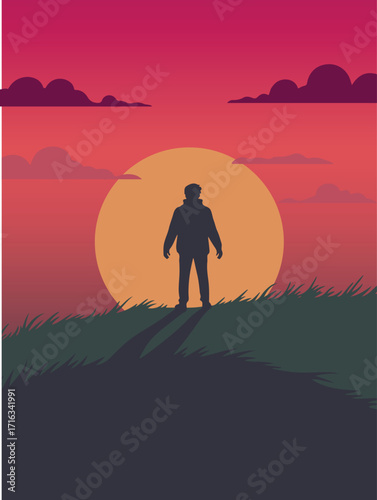 Silhouette of a person standing on a grassy hill at sunset