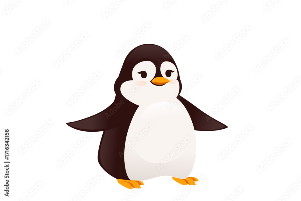 Obraz premium Penguin with spread wings and open eyes standing upright. Brown and white cartoon bird character in welcoming pose. Flat design style cute mascot. Vector illustration isolated on white background