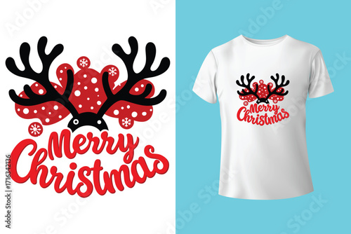 "Eat drink and be merry" typography Christmas tree t-shirt design.