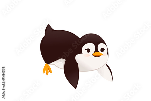 Penguin in profile view with open eyes looking sideways. Brown and white cartoon bird character with orange beak. Simple flat design mascot. Vector illustration isolated on white background