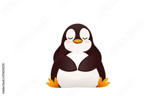 Cute penguin with closed eyes hugging itself. Brown and white cartoon character expressing comfort and self-love. Adorable kawaii style mascot design. Vector illustration isolated on white background