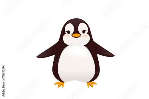 Penguin with outstretched wings in welcoming gesture. Brown and white cartoon bird character with orange beak. Flat design style friendly mascot. Vector illustration isolated on white background