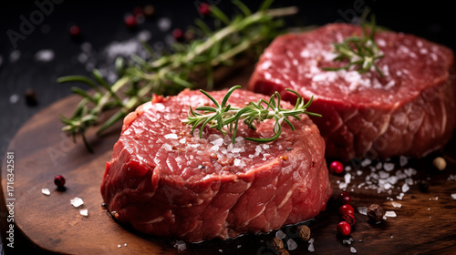Pièce de viande de boucher. Morceaux de pavé de boeuf. Viande rouge. Viande crue avec des morceaux de gros sel et des herbes de Provence disposé sur une planche d'ardoise. Cuisine, aliments. 