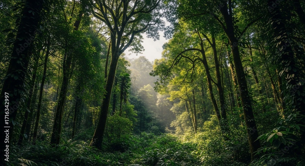 Fototapeta premium Sunlit Canopy - Lush Green Forest with Towering Trees and Ethereal Light Beams.