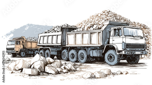 Professional Drawing of Dump Trucks with Rocks Pile for Construction Site