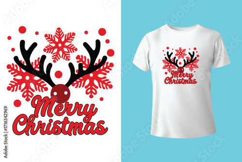 "Eat drink and be merry" typography Christmas tree t-shirt design.
