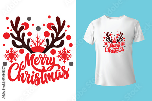 "Eat drink and be merry" typography Christmas tree t-shirt design.